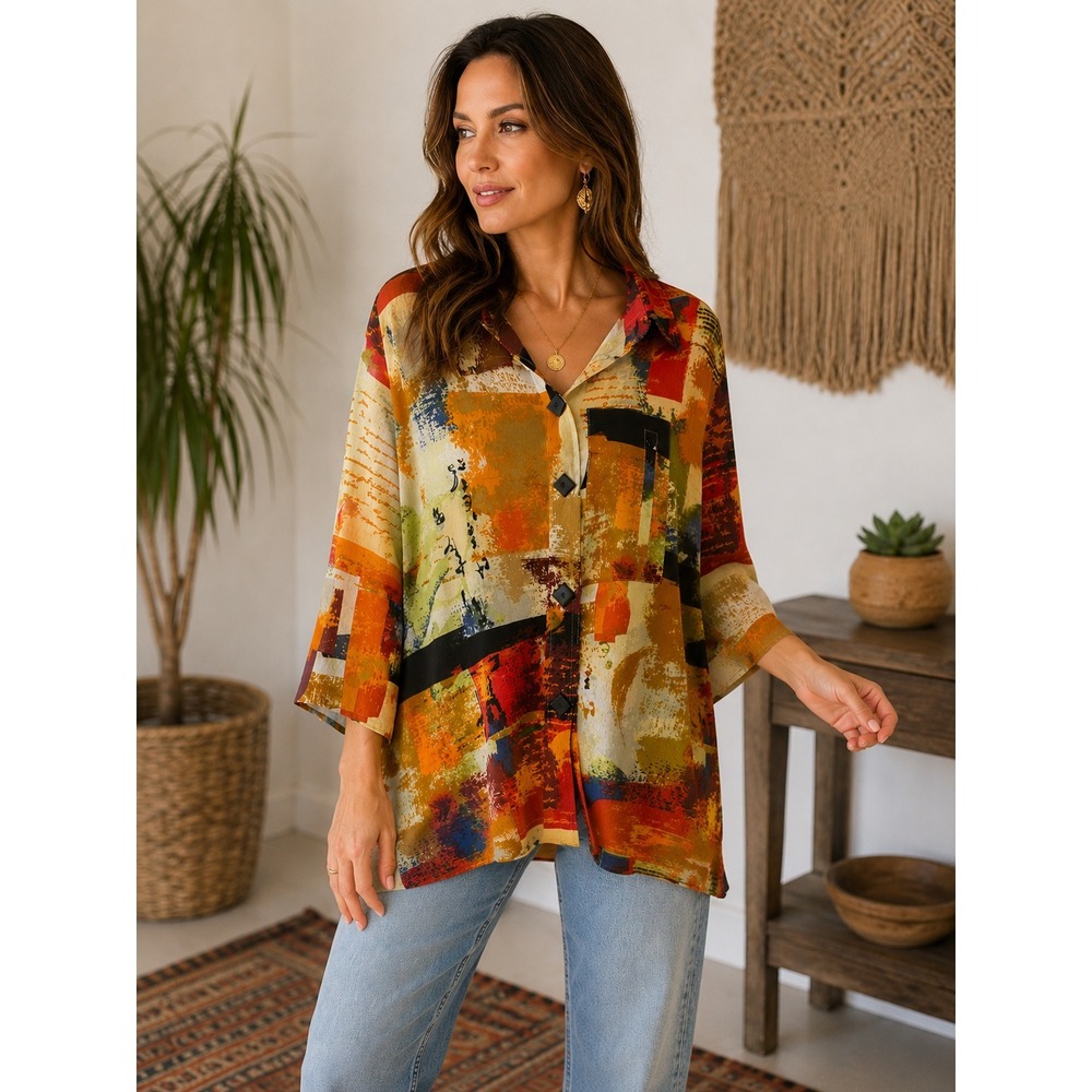 Ali Miles Vibrant Wearable Art to Wear Blouse Button Artsy Wired Collar Top XL - Picture 11 of 12